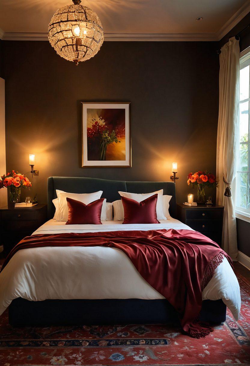 A serene, intimate setting with soft candlelight illuminating a bedroom filled with rich colors, plush pillows, and luxurious fabrics. Two silhouettes gently embracing, their connection radiating warmth and passion, surrounded by subtle natural elements like flowers or wisps of silk. A dreamy ambiance that evokes a sense of exploration and free-spirited sensuality. low light. romantic atmosphere. super-realistic. vibrant colors.