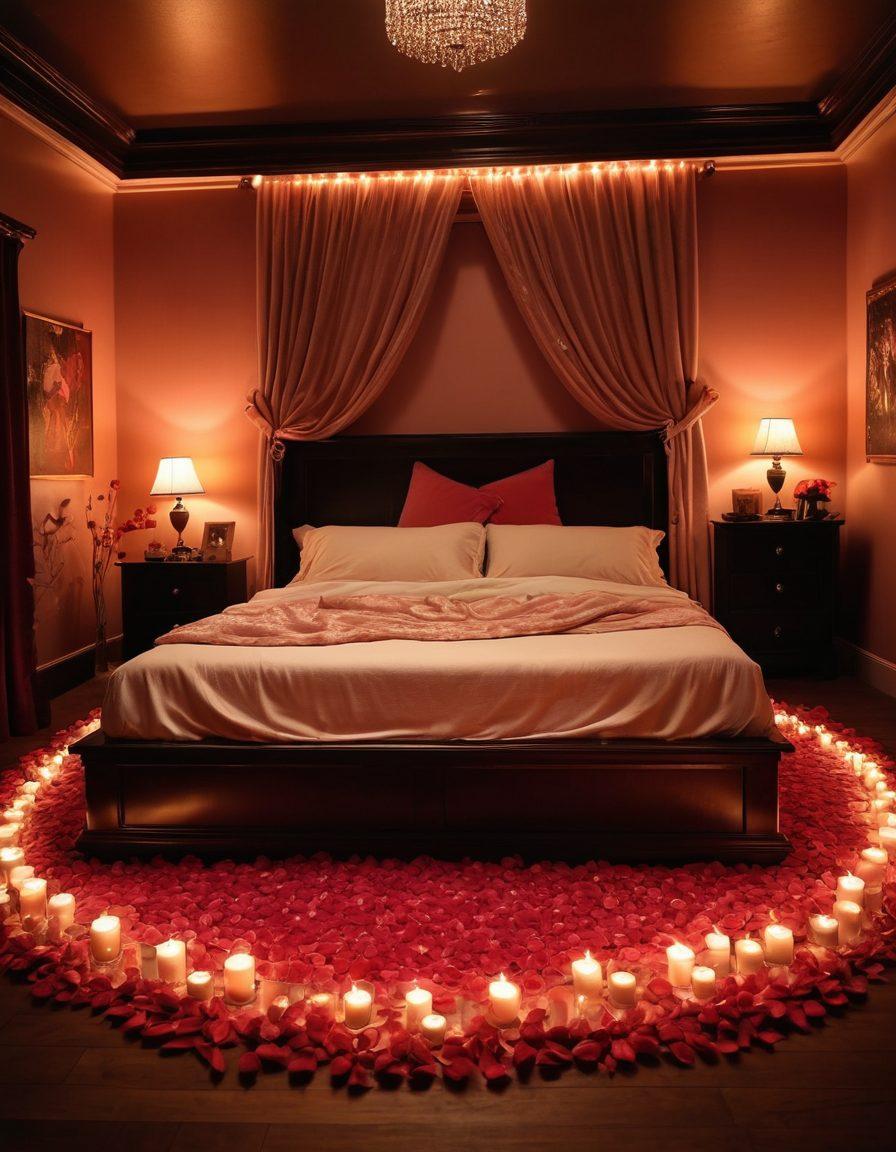 A sensual and inviting representation of adult entertainment, featuring a tastefully adorned bedroom with soft lighting, plush textures, and romantic decor. Incorporate silhouettes of couples engaged in intimate moments, surrounded by elements that symbolize passion, such as candles and rose petals. The atmosphere should evoke warmth and allure, inviting exploration. super-realistic. warm colors. soft focus.